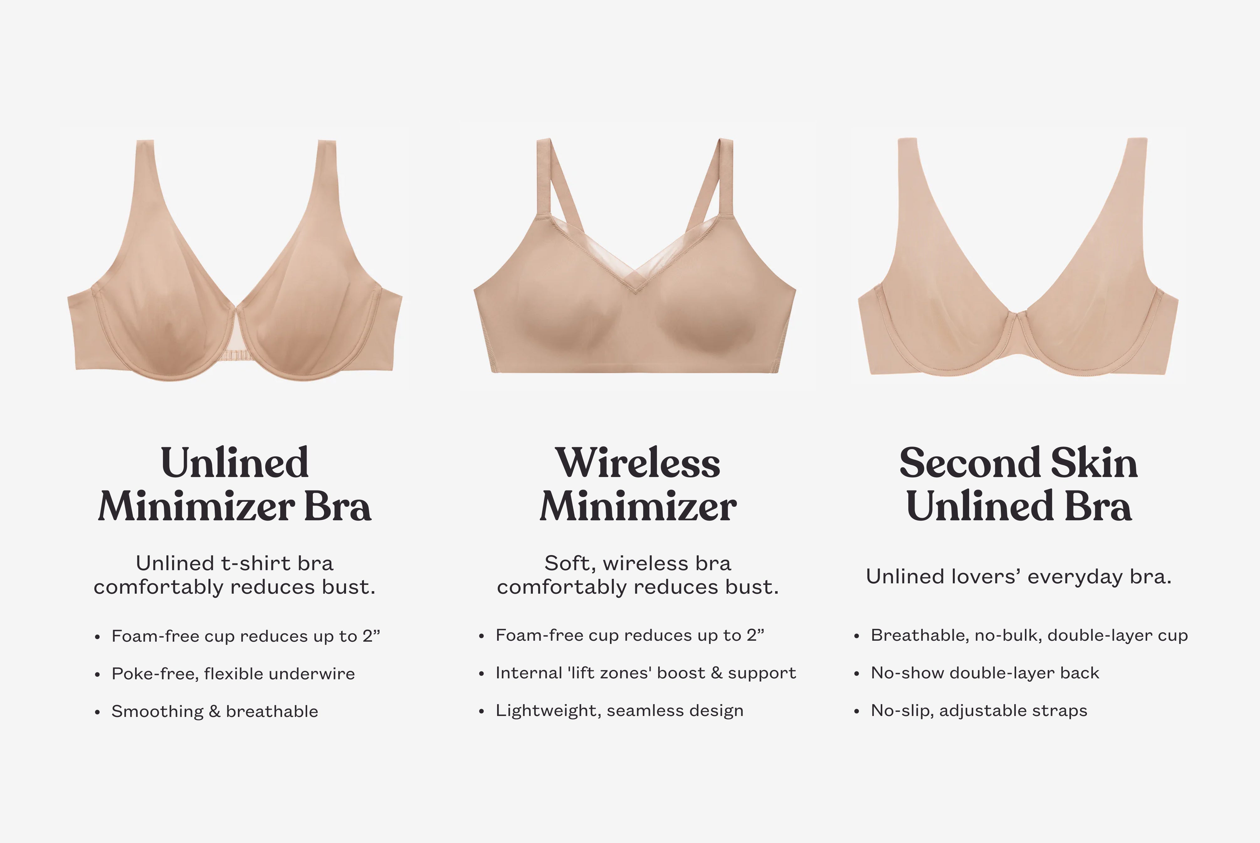 A chart comparing the differences between the following unlined bras: ThirdLove's Second Skin Unlined Bra, ThirdLove's Unlined Minimizer Bra, and ThirdLove's Wireless Minimizer.